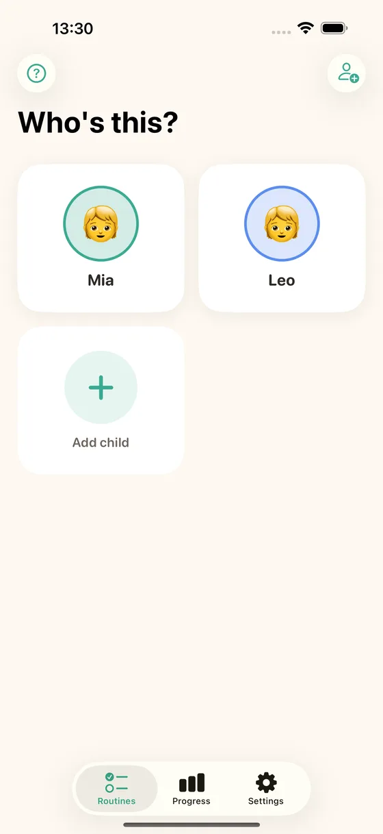 A profile per child — own avatar, colour and routines.