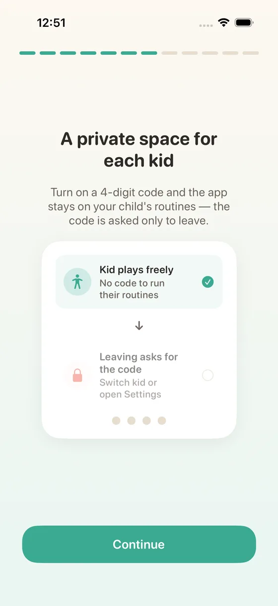 An optional grown-up code keeps each kid in their own space.